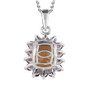 back view of scapolite and rhodolite garnet cushion halo pendant necklace in rhodium over sterling silver