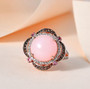 peruvian pink opal and multi gem round double halo ring in 18k rose gold over sterling silver shown in a lifestyle photo