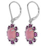 back view of peruvian pink opal and rhodolite garnet halo leverback earrings in rhodium over sterling silver