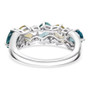 full view of blue yellow apatite and white zircon band ring in rhodium over sterling silver