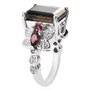side view of columbianite rhodolite and zircon ring in rhodium over sterling silver