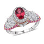 front view of rubellite tourmaline pink sapphire and zircon ornate halo ring in rhodium over sterling silver