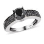 black diamond solitaire ring in sterling silver with pave set accents front view