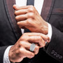 diamond cluster gent’s ring with rolex-style shank in rhodium over sterling silver worn on a hand