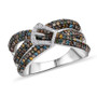 front view of multi-color diamond buckle crossover ring in rhodium over sterling silver