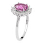 side view of pink fluorite and white zircon oval halo ring in rhodium over sterling silver