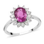 front view of pink fluorite and white zircon oval halo ring in rhodium over sterling silver