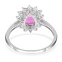 back view of pink fluorite and white zircon oval halo ring in rhodium over sterling silver