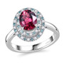 front view of rubellite tourmaline oval paraiba tourmaline and diamond double halo ring in 950 platinum