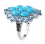 side view of turquoise blue topaz and black spinel cluster ring in rhodium over sterling silver