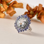 hyalite opal tanzanite and white zircon double halo ring in rhodium over sterling silver artistic lifestyle view