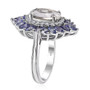 angled view of hyalite opal and tanzanite double halo ring in rhodium over sterling silver