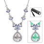 hyalite opal center glows green under uv light with included uv flashlight on hyalite opal tanzanite and moissanite necklace