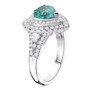 side profile of paraiba tourmaline heart diamond halo ring in platinum showing layered setting and accent stones