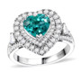close-up of paraiba tourmaline heart cut center stone with surrounding diamonds in platinum setting showing brilliance and detail