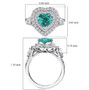 paraiba tourmaline heart diamond halo platinum ring with labeled measurements for width height and depth