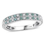 top view of paraiba tourmaline and diamond platinum band ring with two rows of gemstones