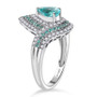 angled side view of paraiba tourmaline and diamond bypass halo ring in platinum