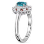 side view of indicolite tourmaline padparadscha and moissanite halo ring in rhodium over sterling