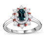 front view of indicolite tourmaline padparadscha and moissanite halo ring in rhodium over sterling