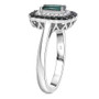 side view of indicolite tourmaline and moissanite double halo ring in rhodium over sterling silver