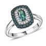 indicolite tourmaline double halo ring with moissanite accents set in rhodium over sterling silver front view