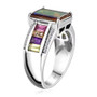 side view of ammolite and multi gem ring in rhodium over sterling silver