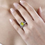 ammolite and multi gem ring in rhodium over sterling silver worn on a hand