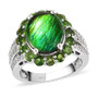 front view of ammolite chrome oval diopside and zircon halo triple shank ring in rhodium over sterling silver