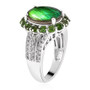 side view of ammolite chrome oval diopside and zircon halo triple shank ring in rhodium over sterling silver