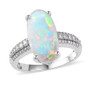 front view of ethiopian opal and moissanite oval ring in rhodium over sterling silver