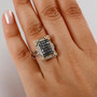 indian alexandrite and white zircon fleur-de-lis cluster ring in 18k yellow gold and rhodium over sterling silver worn on a hand