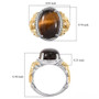 tigers eye cabochon elephant ring in two tone 18k yellow gold and rhodium over sterling silver with measurement chart
