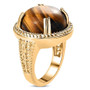 side view of tigers eye solitaire ring with braided gallery and tall domed cabochon in 10k yellow gold