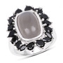 gray moonstone cabochon cocktail ring with black spinel halo in rhodium over sterling silver