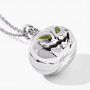 bottom angled view of pumpkin pendant showing full 3d silver body and glowing peridot eyes crafted in rhodium over sterling silver