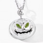 angled pumpkin pendant showing dimensional sculpted silver body and bright green marquise peridots in rhodium over sterling silver