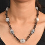 tourmalinated and smoky quartz beaded necklace in rhodium plated sterling silver shown on model