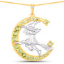 front view of flying witch and crescent moon two-tone pendant necklace with peridot and white topaz in 18k yellow gold and rhodium over sterling silver