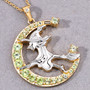 full view of flying witch and crescent moon two-tone pendant necklace with peridot and white topaz in 18k yellow gold and rhodium over sterling silver
