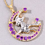 full view of flying witch and crescent moon two-tone pendant necklace with amethyst and white topaz in 18k yellow gold and rhodium over sterling silver