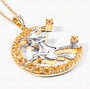 angled view of flying witch and crescent moon two-tone pendant necklace with citrine and white topaz in 18k yellow gold and rhodium over sterling silver