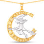 front view of flying witch and crescent moon two-tone pendant necklace with citrine and white topaz in 18k yellow gold and rhodium over sterling silver