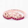 angled view of chevron spider web ring with ruby in 18k rose gold over sterling silver