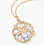close up of spider web oval pendant necklace with sky blue topaz and white topaz in 18k yellow gold over sterling silver