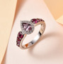 side view of bekily color change garnet rhodolite and zircon pear halo ring in rhodium over sterling silver