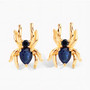 front view of spider stud earrings with sapphire and black spinel in 18k yellow gold over sterling silver