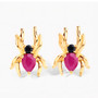 front view of spider stud earrings with ruby and black spinel in 18k yellow gold over sterling silver