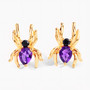 front view of amethyst and black spinel spider earrings with gold plating over sterling silver