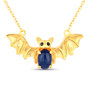 front view of bat necklace oval with sapphire and black spinel in 18k yellow gold over sterling silver